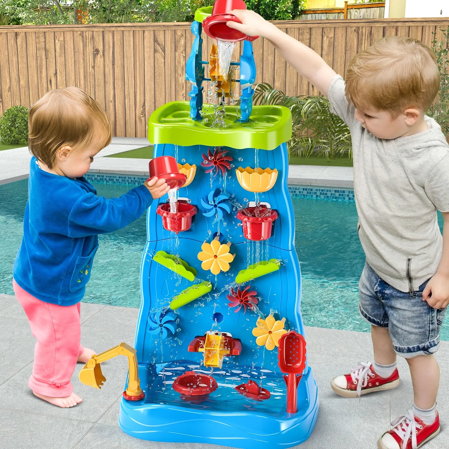 Toddlers Water Table Waterfall Maze-Like Wall - Double-Sided Water Sand Table for Kids, 32 PCS Outdoor Toys for Toddlers Age 3-8, Activity Sensory Table Summer Toys for Boys Girls Ages 4-8