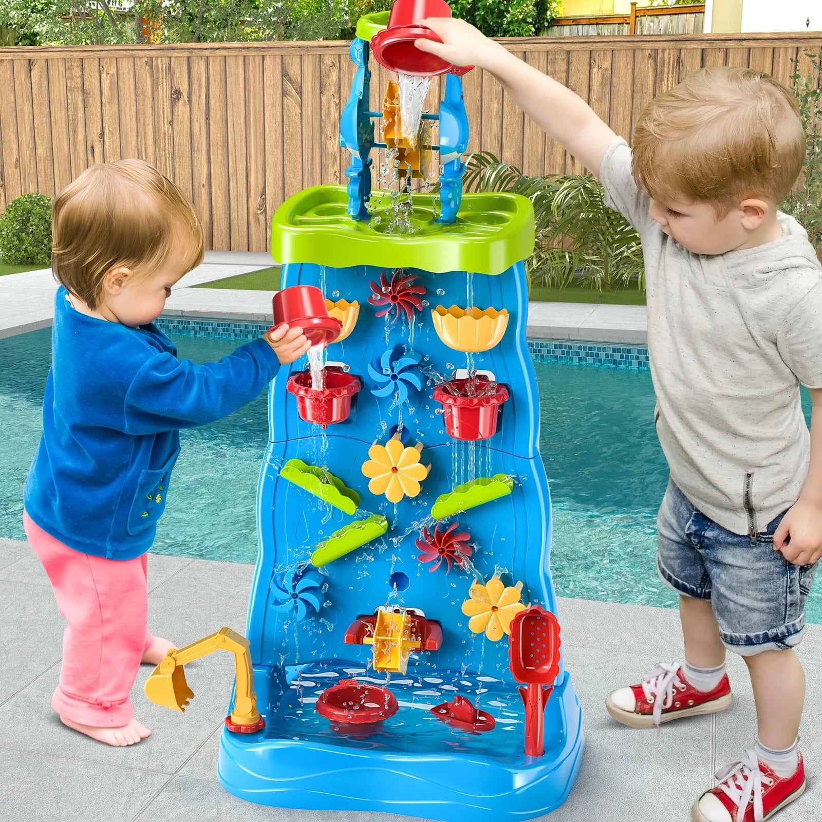 Toddlers Water Table Waterfall Maze-Like Wall - Double-Sided Water Sand Table for Kids, 32 PCS Outdoor Toys for Toddlers Age 3-8, Activity Sensory Table Summer Toys for Boys Girls Ages 4-8